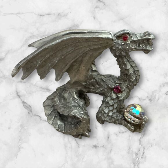 Vintage Pewter Dragon Figurine D167 Red Rhinestone Eyes Crystal Orb Fantasy - Picture 8 of 8